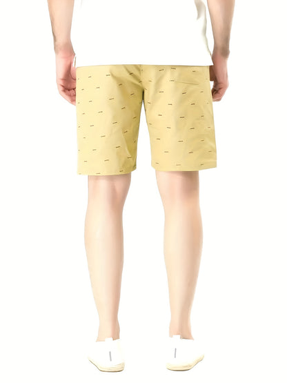 Men's Casual Beige Drawstring Shorts with All-Over Print - Lightweight Polyester, Adjustable Waistband, Machine Washable, Perfect for Summer Leisure