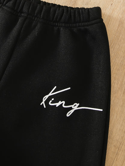 Cozy Boys' Fleece-Lined Hoodie & Joggers Set - KING Letter Print, Casual Sportswear for Fall/Winter, Perfect for Outdoor