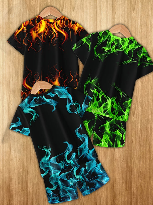 6pcs Boys' 3D Flame Print Casual Outfit - Comfy Polyester T-Shirts & Shorts Set, Vibrant Colors, Machine Washable, Perfect for Summer Play, Boy Clothes, Perfect for Outdoor