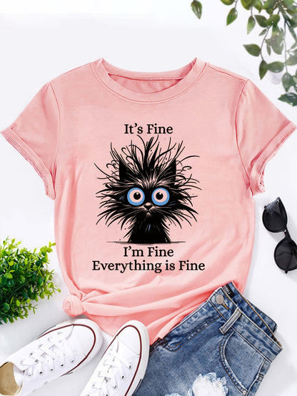 [Light Blue Cat Graphic Tee] Whimsical 'It's Fine, I'm Fine, Everything is Fine' Cat Graphic Tee for Women - Light Blue, Casual Fit with Round Neck, Short Sleeves, Polyester, Machine Washable