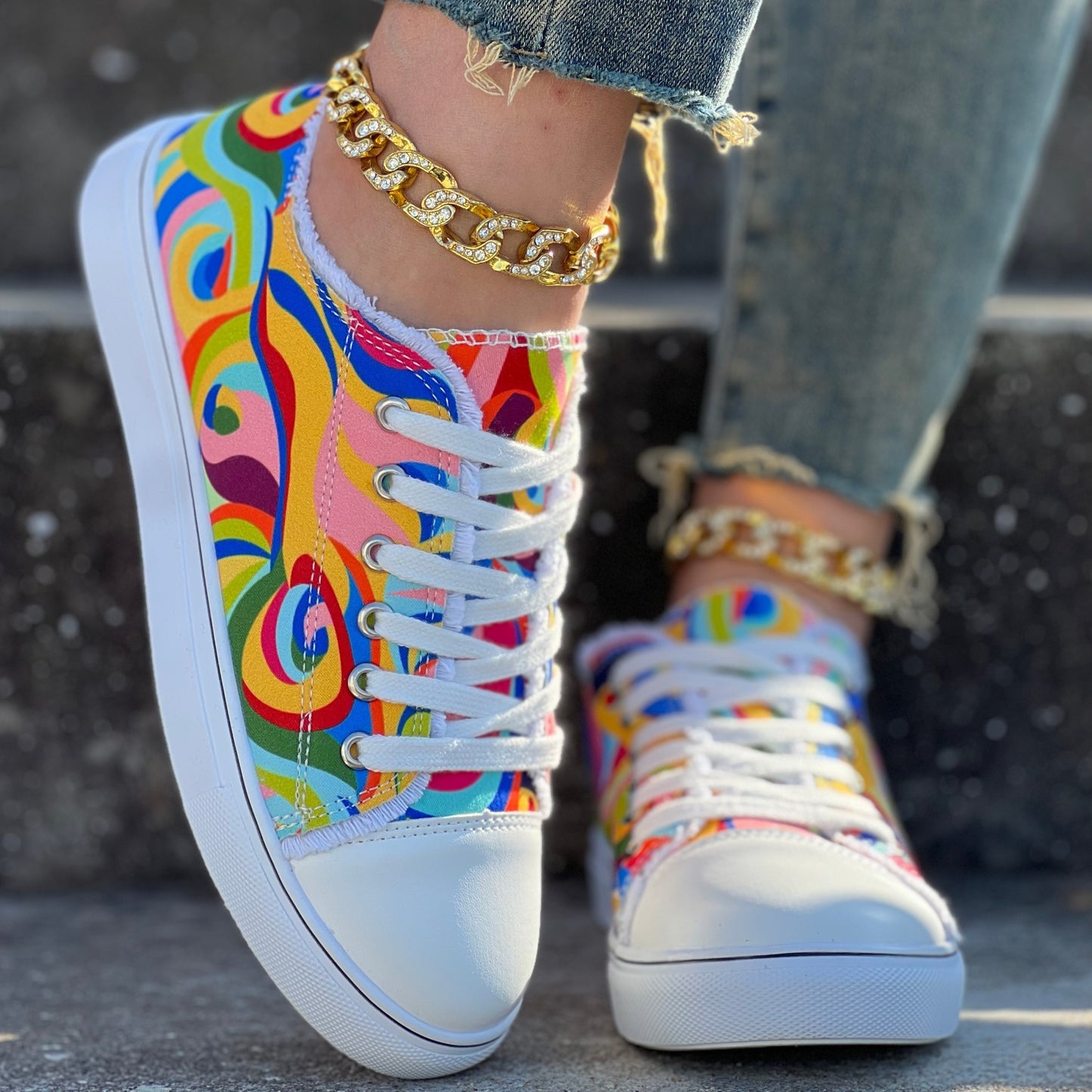 Colorful Color-Matching Print Casual Shoes with Laces