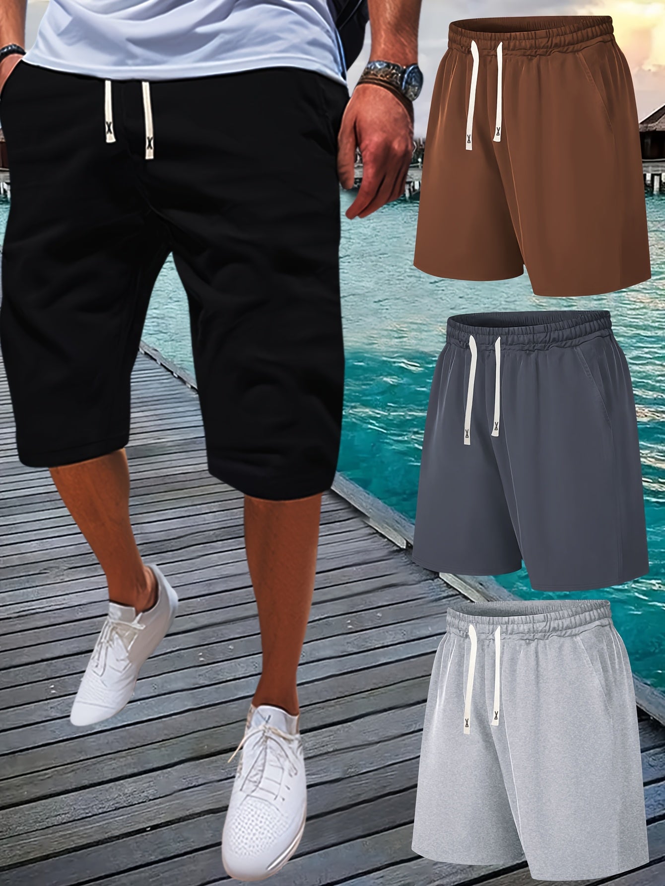 Summer Solid 4pcs Men's Drawstring Shorts - With Pockets For Outdoor Sports and Beach Holiday