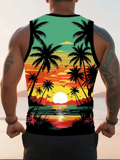 Men'S Stylish Beach Tank Top with Trendy Palm Tree Design. Premium Quality Digital Print.