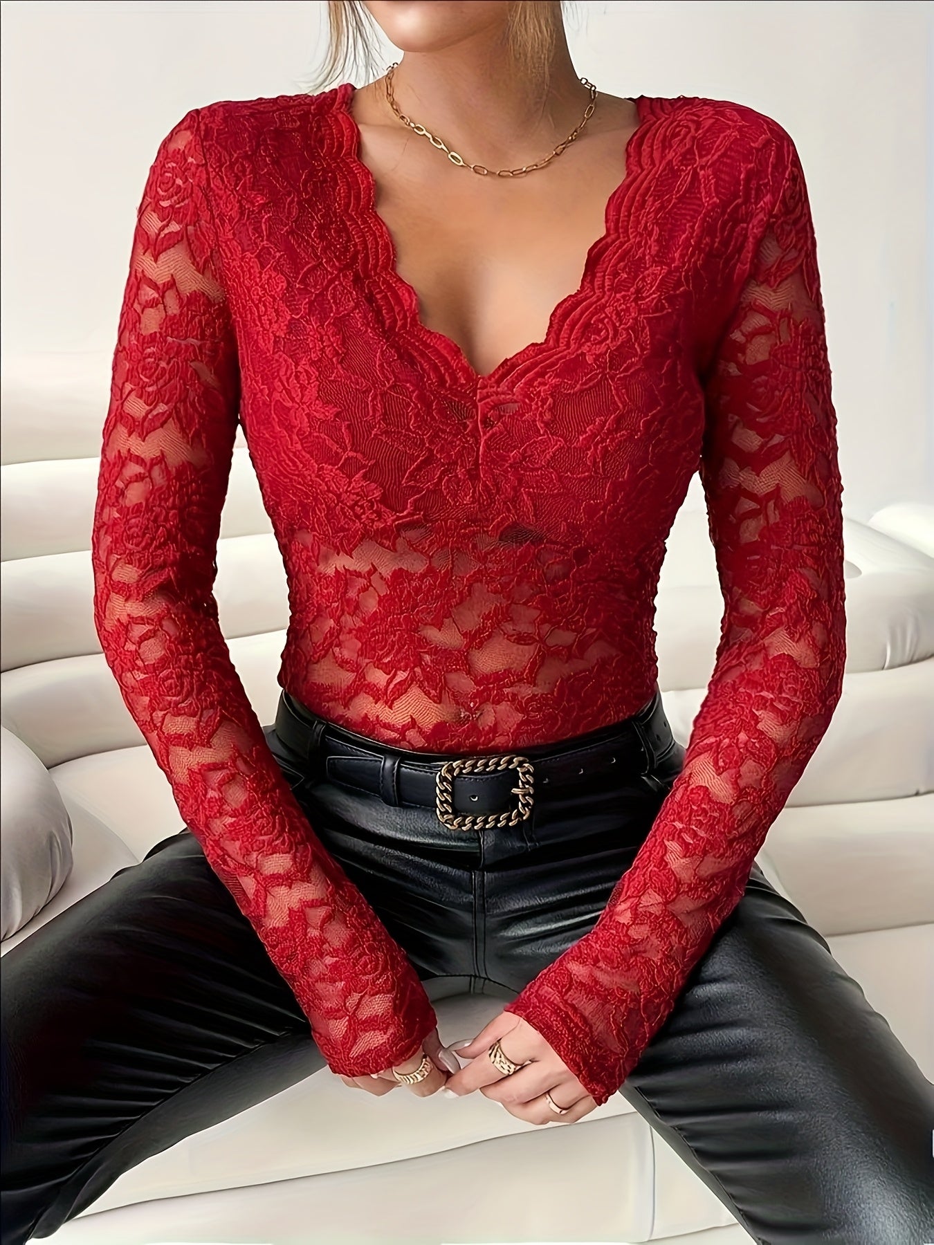 Sexy Sheer Stretch Lace V-Neck T-Shirt for Women - Chic, Perfect for All Seasons