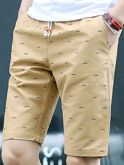 Men's Casual Beige Drawstring Shorts with All-Over Print - Lightweight Polyester, Adjustable Waistband, Machine Washable, Perfect for Summer Leisure