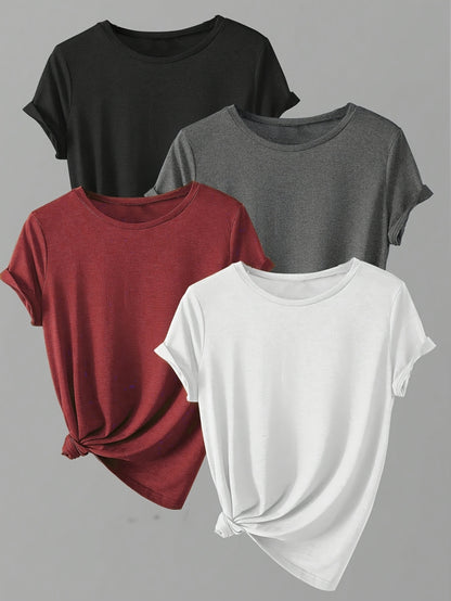 4pcs Spring & Summer Casual Crew Neck Short Sleeve Solid T-Shirt - Women's Clothing