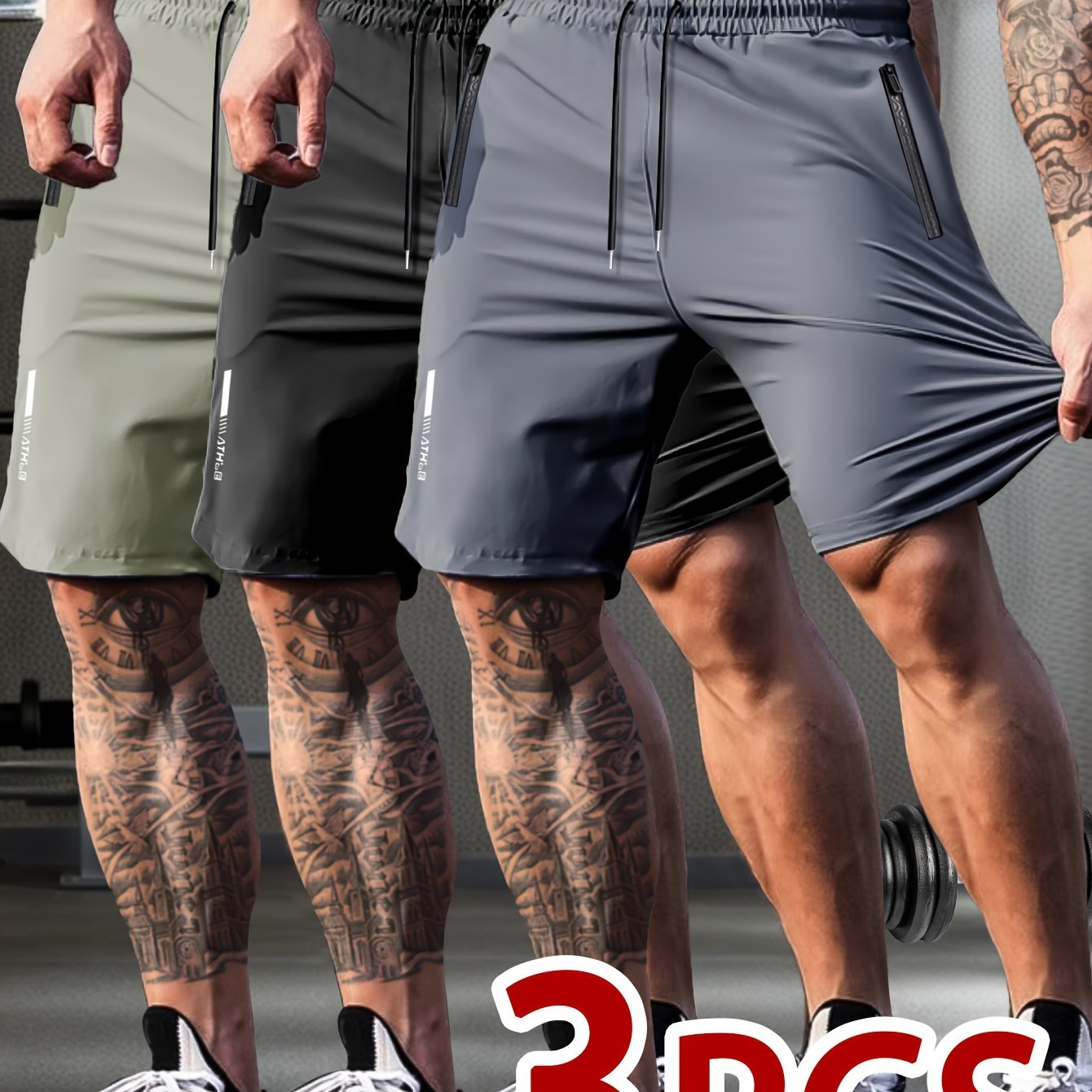 Set of 3 Breathable High-Elastic Drawstring Waist Shorts with Zipper Pockets for Men'S Casual Sports And Jogging.