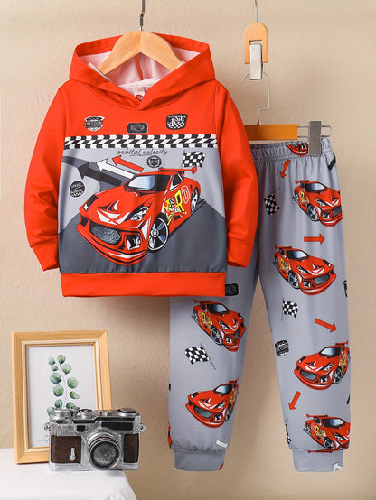 Boys' 2pcs Set, Car Print Hoodie and Pants, Casual Polyester Knit with Spandex, Regular Fit, Long Sleeve, Spring/Autumn Collection, Kids Fashion Outfit, for Outdoor