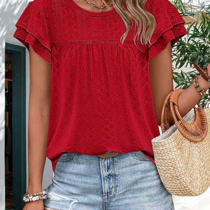 Women's Summer Eyelet Ruffle Sleeve Tunic Top - Casual Round Neck, Bright Orange, Breathable Polyester, Loose Fit Blouse for Casual Attire