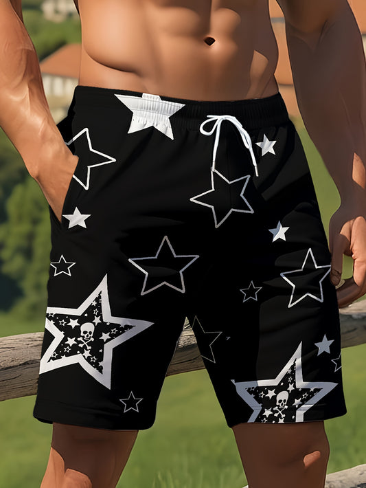 [Men's Beach Resort Active Shorts] Men's Casual Star Print Active Shorts, Drawstring Beach Shorts for Summer Beach Resort