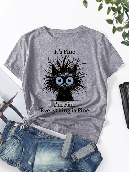 [Light Blue Cat Graphic Tee] Whimsical 'It's Fine, I'm Fine, Everything is Fine' Cat Graphic Tee for Women - Light Blue, Casual Fit with Round Neck, Short Sleeves, Polyester, Machine Washable