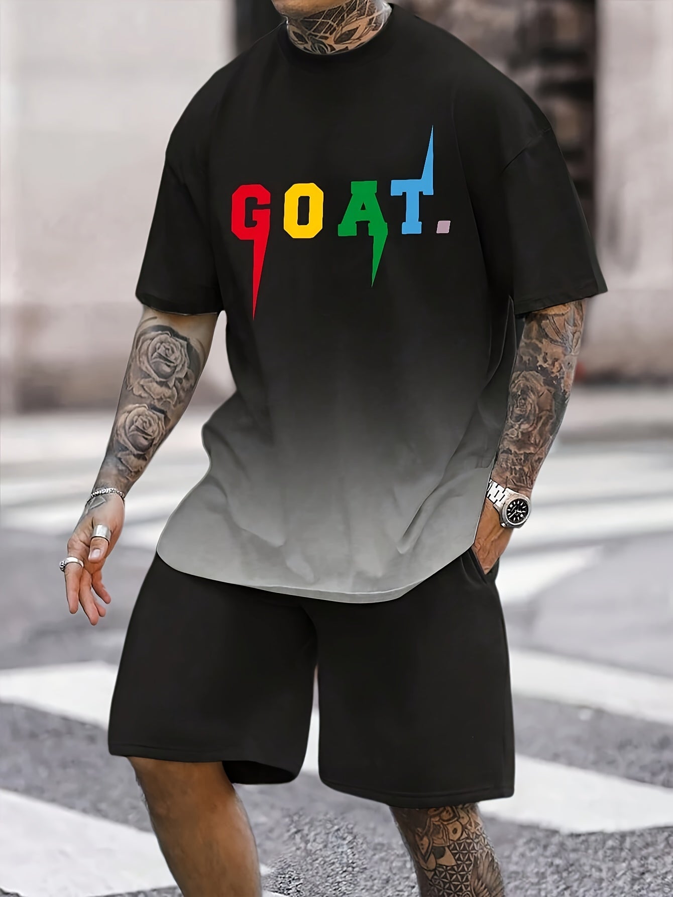 Men's Summer Sportswear Set - Breathable Polyester Gradient "GOAT" Print T-Shirt & Black Shorts, Casual 2pcs Jogging Tracksuit with Colorful Stripes, Workout Clothes