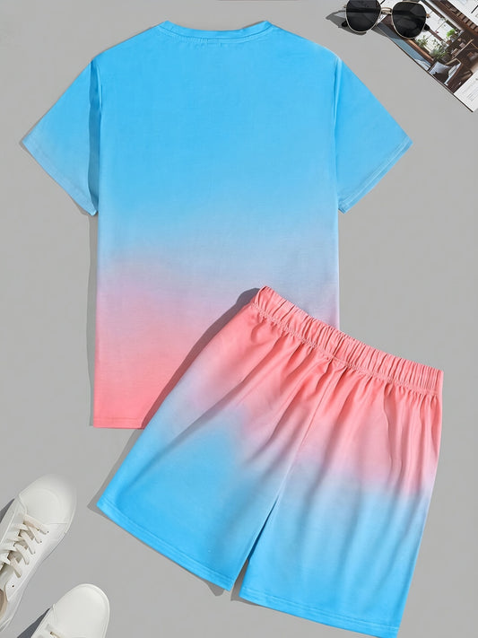 Men's Casual 2-Piece Outfit - Gradient Color Summer T-Shirt & Shorts Set, Stylish Crew Neck Tee, Breathable Comfy Shorts - For Men - Perfect for Summer, Casual Wear - Ideal Gift for Boyfriend, Husband, Father