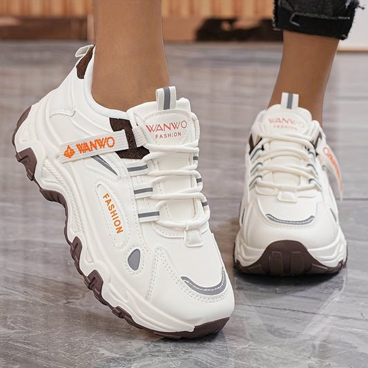 Women's Stylish & Comfortable Running Sneakers - Versatile Low-Top Lace-Up Sneakers with Brown Accents, White & Orange Design, Breathable Mesh Lining, Durable PVC Sole, Perfect for Casual Wear or Students