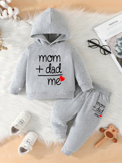 Two-piece Youngsters Boys Fashion Casual Spring and Autumn New Valentine's Day Father's Day Mother's Day Love Love Dad Mom Letter Pattern Long Sleeve Hoodie and Pants Combination Set, Perfect for Outdoor