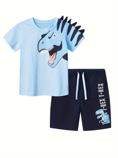 Boys Summer Set Children'S Round Neck Pure Cotton Knitted Cartoon Animal Short Sleeved T-Shirt Top Navy Cartoon Animal Letter Pocket Shorts Set 2-7y