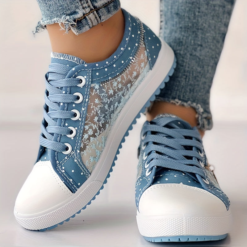 [Floral Mesh Sneakers] Light Blue Women's Floral Mesh Sneakers - Lace-Up Low Tops with Rhinestone Accents, Casual Shoes, Synthetic Cover Sole