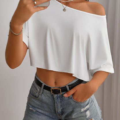 [Polyester Off-Shoulder Crop Top] Breathable Polyester Blend Off-Shoulder Crop Top T-Shirt - Casual Style, Machine Washable, Solid Color, Perfect for All Seasons