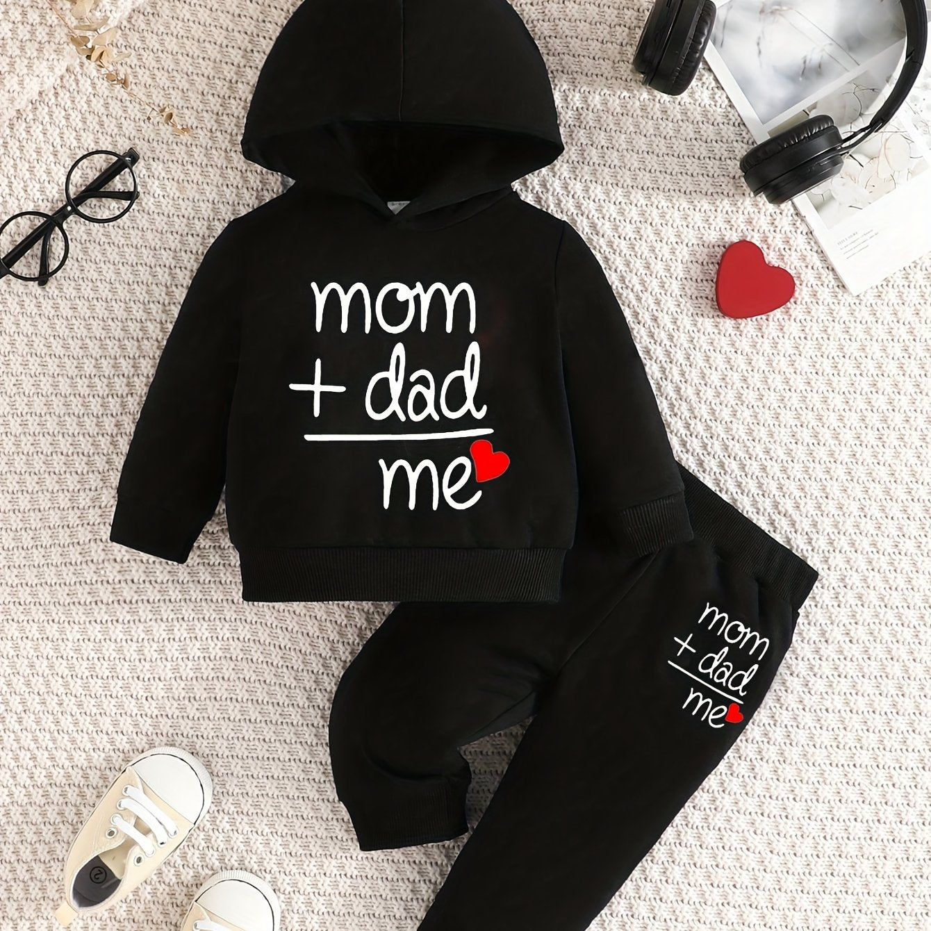 Two-piece Youngsters Boys Fashion Casual Spring and Autumn New Valentine's Day Father's Day Mother's Day Love Love Dad Mom Letter Pattern Long Sleeve Hoodie and Pants Combination Set, Perfect for Outdoor