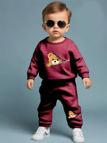 European and American baby boys' autumn and winter popular zipper teddy bear printed hoodie+teddy bear printed sweatpants two-piece set [targeted development]