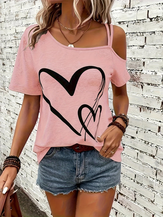 Casual Cold Shoulder Heart Print - Short Sleeve Backless Asymmetrical Top, Women's Clothing T-shirt