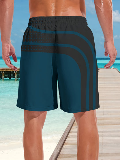 Men's Stylish Geometric Print Swim Trunks with Pockets, Breathable Drawstring Waist, Black & Gray Design, Perfect for Beach & Outdoor Activities