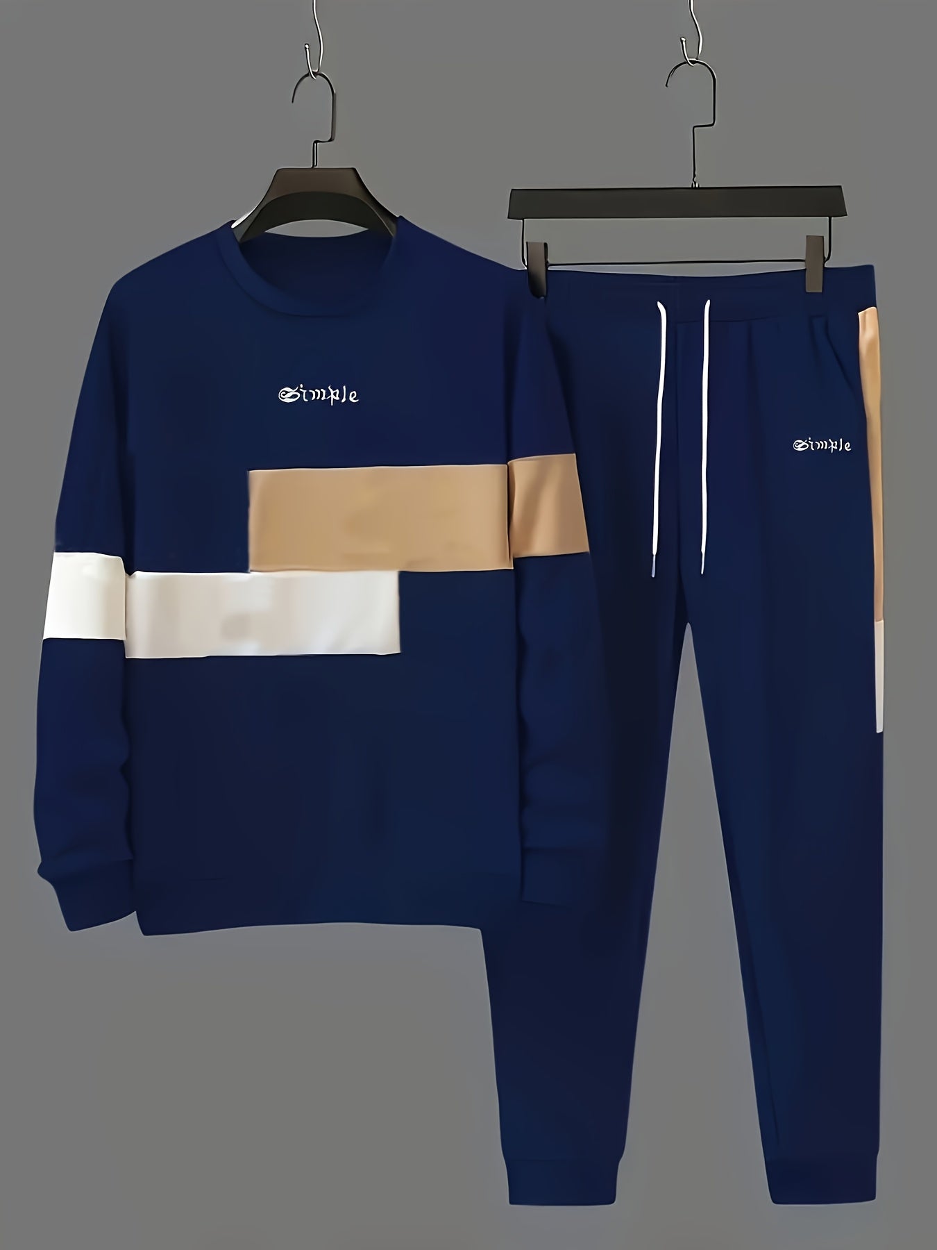 Men'S Color Blocked 2pcs Set, Casual Round Neck Long Sleeved Sweatshirt And Sweatpants Jogging Pants Set For Winter And Autumn, Men'S Clothing