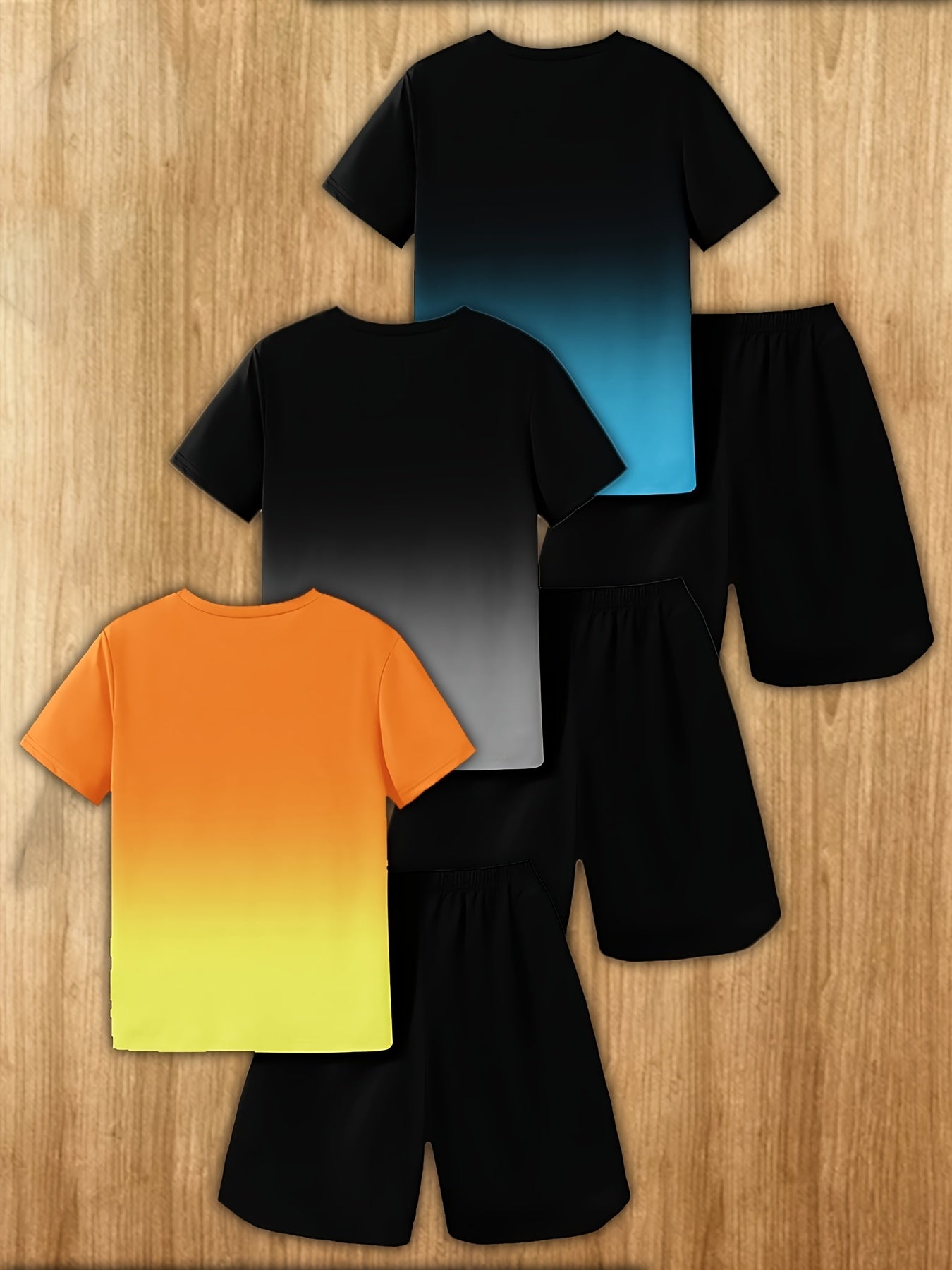 6pcs Boys' Summer Fashion Set: 3D Paris Printed Casual T-Shirts & Shorts - Breathable Polyester, Crew Neck, Machine Washable, in Black/Blue/Orange Gradient, Summer Clothes for Teens, Perfect for Outdoor