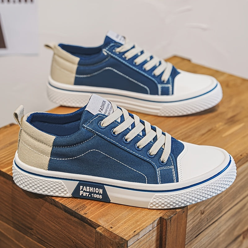 Men's Casual Canvas Sneakers - Breathable, Low-Top Lace-Up Shoes with Non-Slip PVC Sole, Fashionable Blue and White Design for Casual Attire