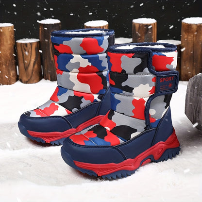 Youngsters' High-Top Winter Snow Boots - Warm Insulated TPR Sole & EVA Cushion, Camouflage Pattern (Blue/Black/Pink/Beige) | Unisex Youngsters & Youth Cold Weather Boots for Outdoor Activities