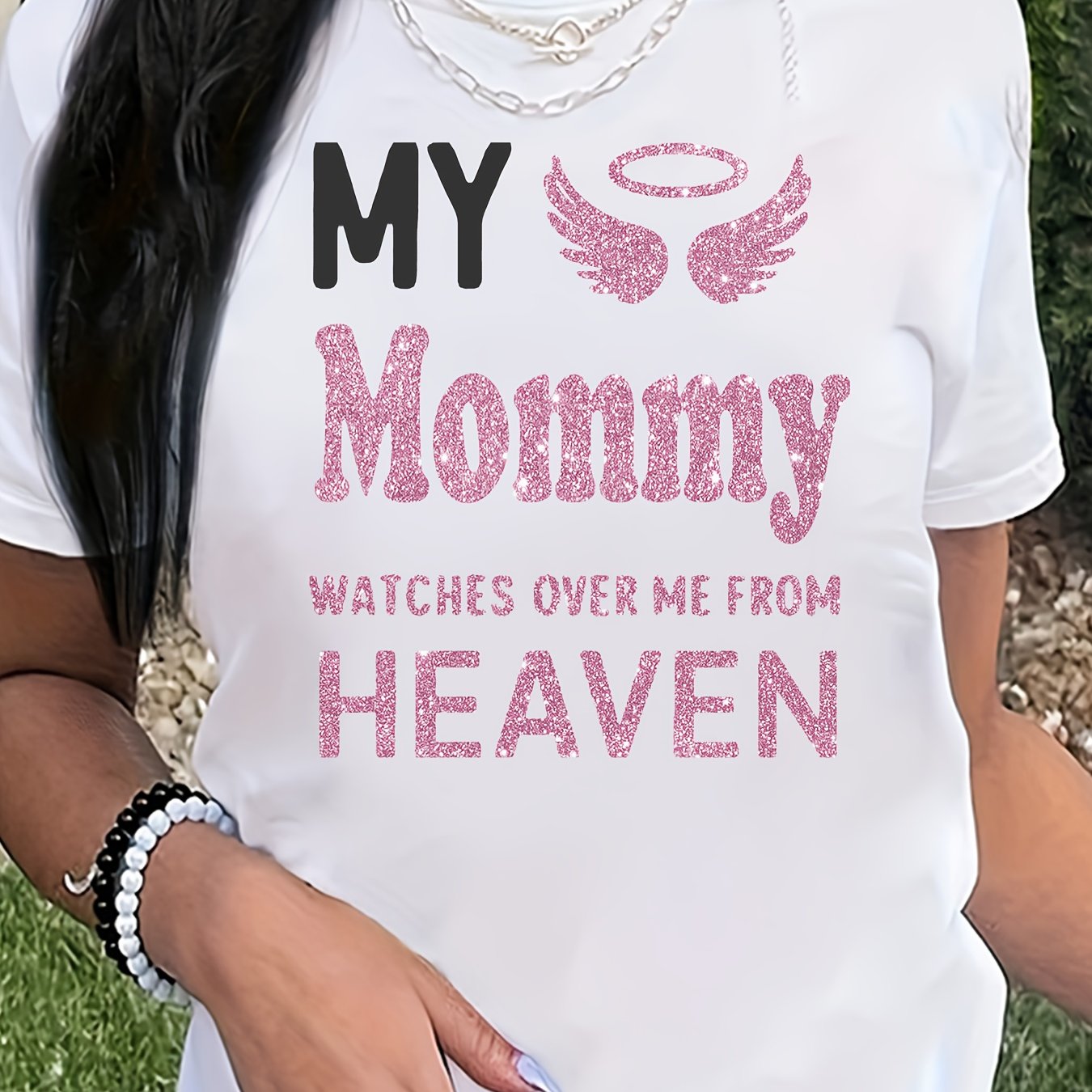 Women'S "My Mommy Watches Over Me from Heaven" Graphic T-Shirt - Casual Crew Neck, Short Sleeve, Comfortable Knit Top, Machine Washable, Ideal for Outdoor Activities and Casual Attire, Ladies T Shirts