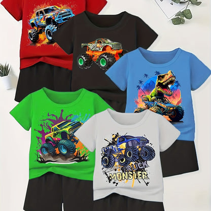 Casual Short Sleeve T-shirt & Shorts Set, Cartoon Off-road Vehicle Print, 10-piece Boys Co Ord Set For Summer Daily And Outdoor Wear