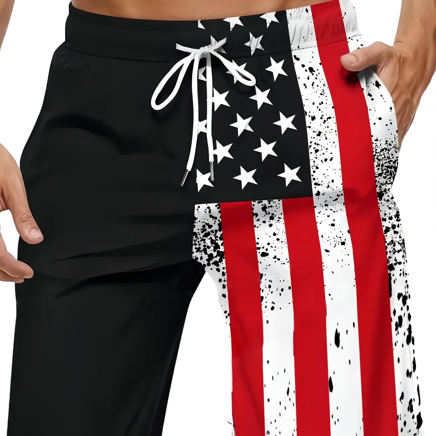 Chic Contrast Color American Flag Pattern Print Shorts - Men's Drawstring Pockets Summer Outdoors Sports Wear