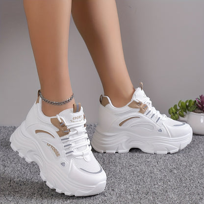 [Low-top Heightening Thick Sole Sneakers] Women's Solid Color Mesh Sneakers, Lace Up Low-top Round Toe Heightening Thick Sole Trainers, Versatile Comfy Shoes