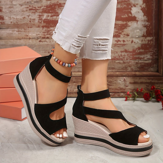 Women's Platform Solid Color Sandals, Back Zipper Slip On Hollow Out Vacation Shoes, Comfort Wedge Beach Shoes