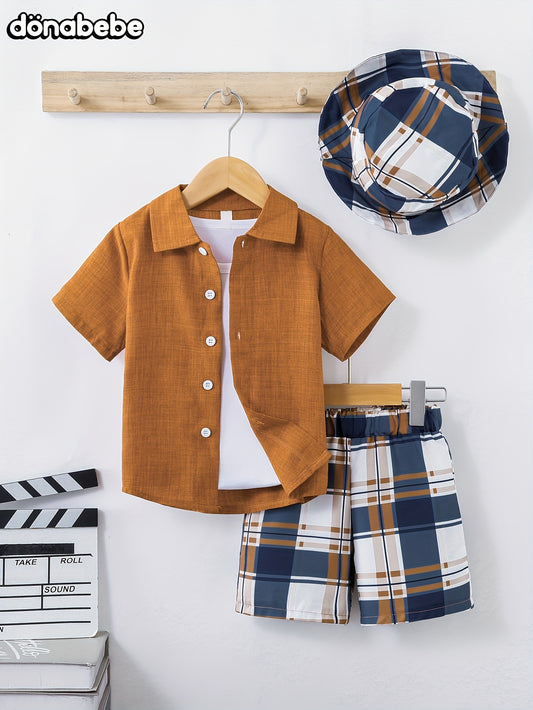 Boys solid color shirt plaid shorts hat three-piece suit casual versatile solid color top shorts suit summer new comfortable handsome casual suit 1-8 years old