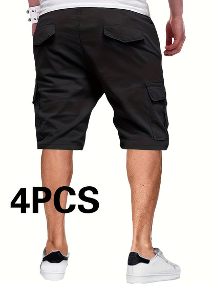 4-Pack Men'S Casual Cargo Shorts, Solid Color, 100% Polyester, Non-Stretch Woven Fabric, Loose Fit, 135g/m², Summer Fashion