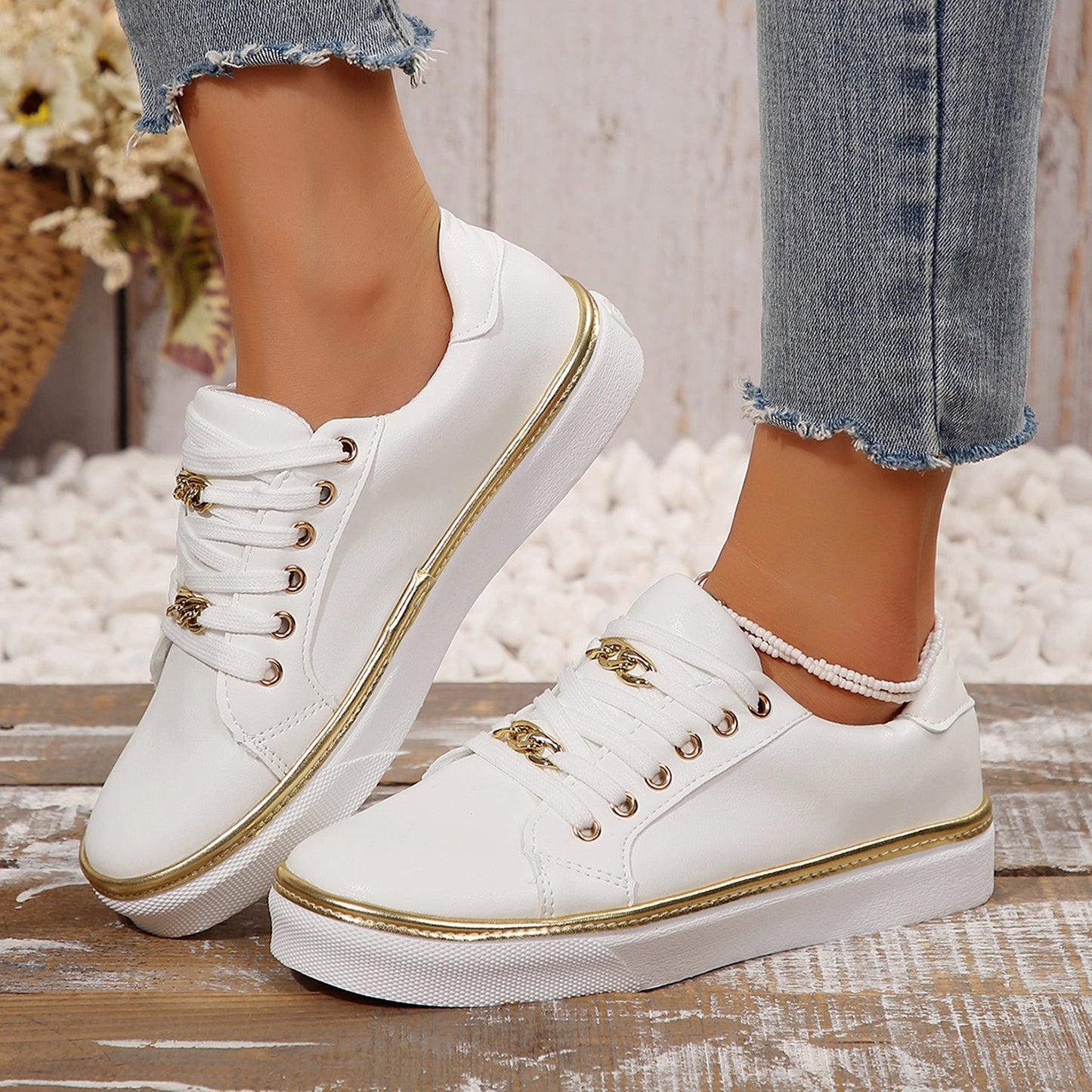 Women's Stylish Canvas Sneakers - White with Golden Accents, Lightweight, Breathable, Comfortable for Casual Wear