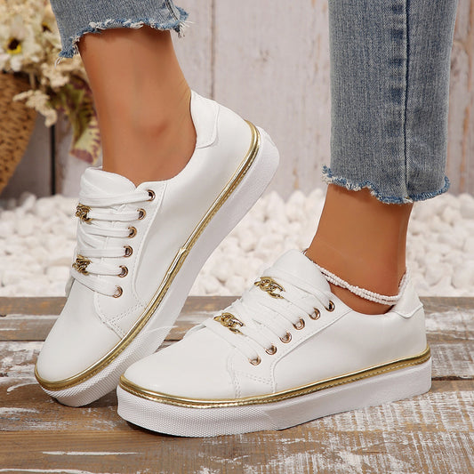 Women's Stylish Canvas Sneakers - White with Golden Accents, Lightweight, Breathable, Comfortable for Casual Wear