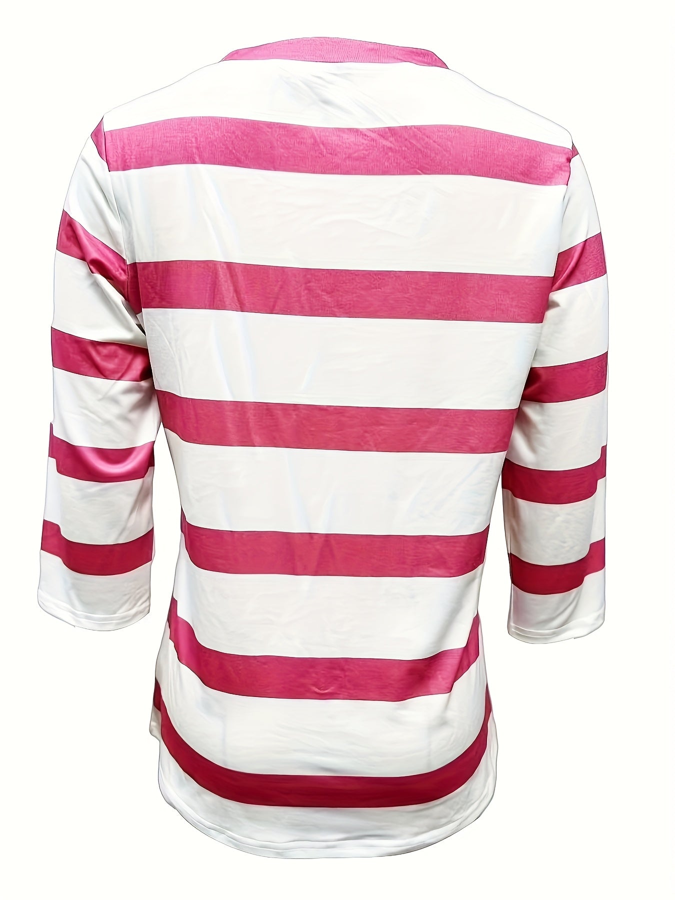 Women'S Casual V-Neck T-Shirt with All Over Striped Print, Three Quarter Sleeve, Knit Polyester Fabric, Regular Length - Spring/Summer/Fall Fashion Top