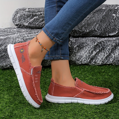 Daisy Embroidered Low-Top Canvas Sneakers, Lightweight PVC Sole Casual Shoes, All-Season Penny-Loafers with Soft Inner Fabric, Everyday Comfort|Daisy Motif|Washed Canvas