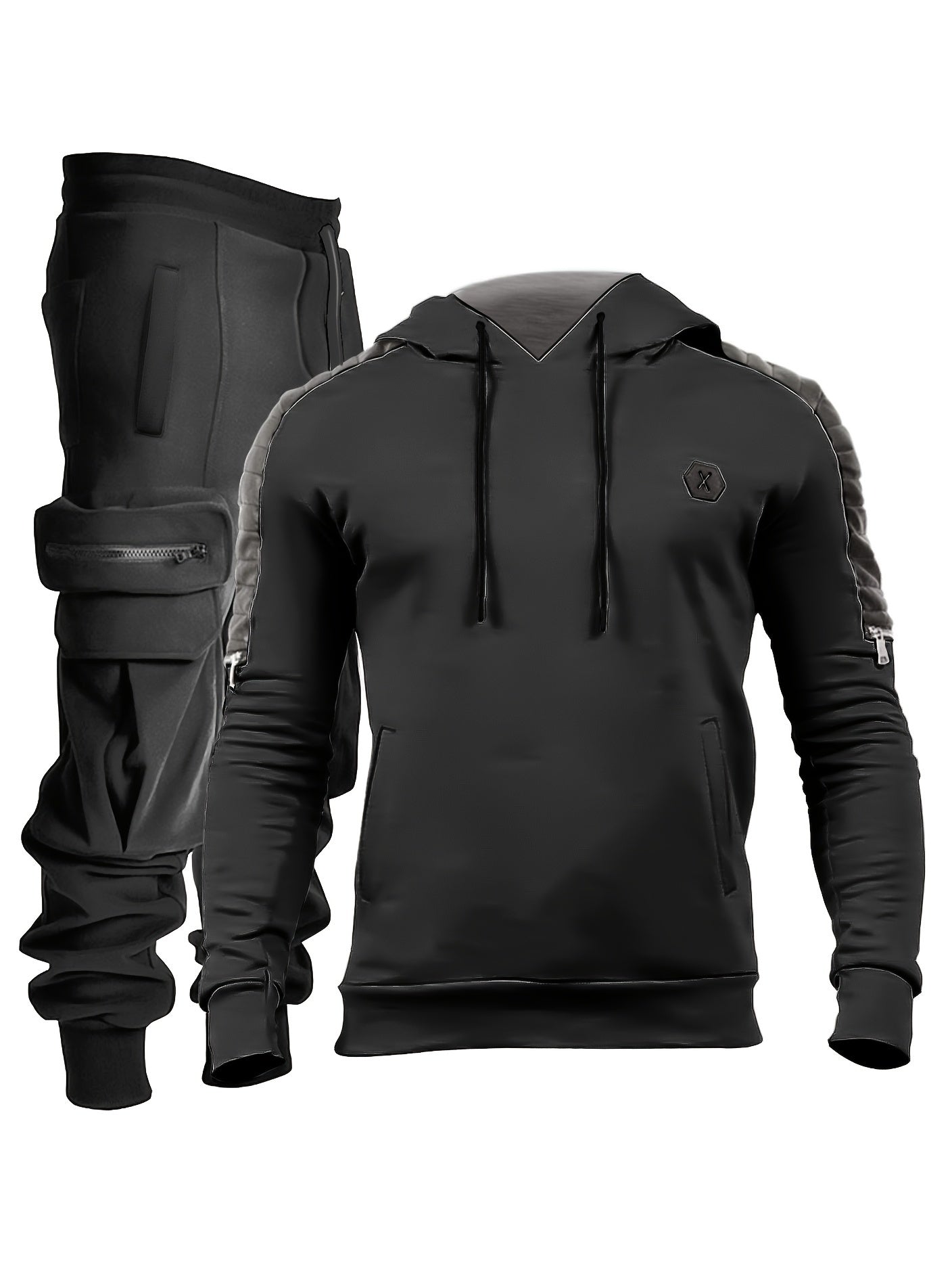 Men's Casual 2pcs Set - High Stretch Sports Hoodie & Multi Pocket Joggers Matching Set For Gym Workout Training - Polyester & Spandex Blend - Suitable for Sports & Casual Wear - Perfect Gift for Fitness Enthusiasts