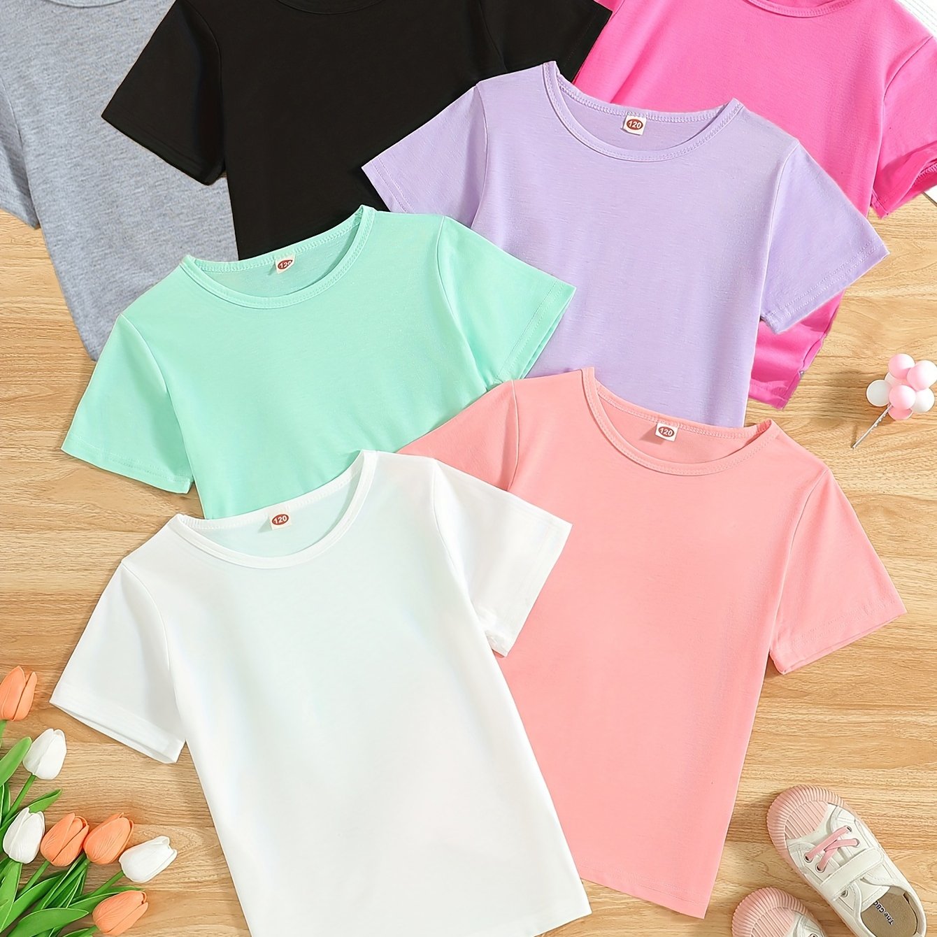 7-Piece Set of Girls' Solid Short-Sleeved T-Shirts: Perfect for Summer Outdoors - Gray, Black, Light Purple, Pink, Fuchsia, Light Green, and Beige