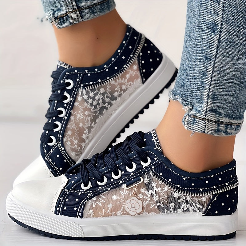 [Floral Mesh Sneakers] Light Blue Women's Floral Mesh Sneakers - Lace-Up Low Tops with Rhinestone Accents, Casual Shoes, Synthetic Cover Sole