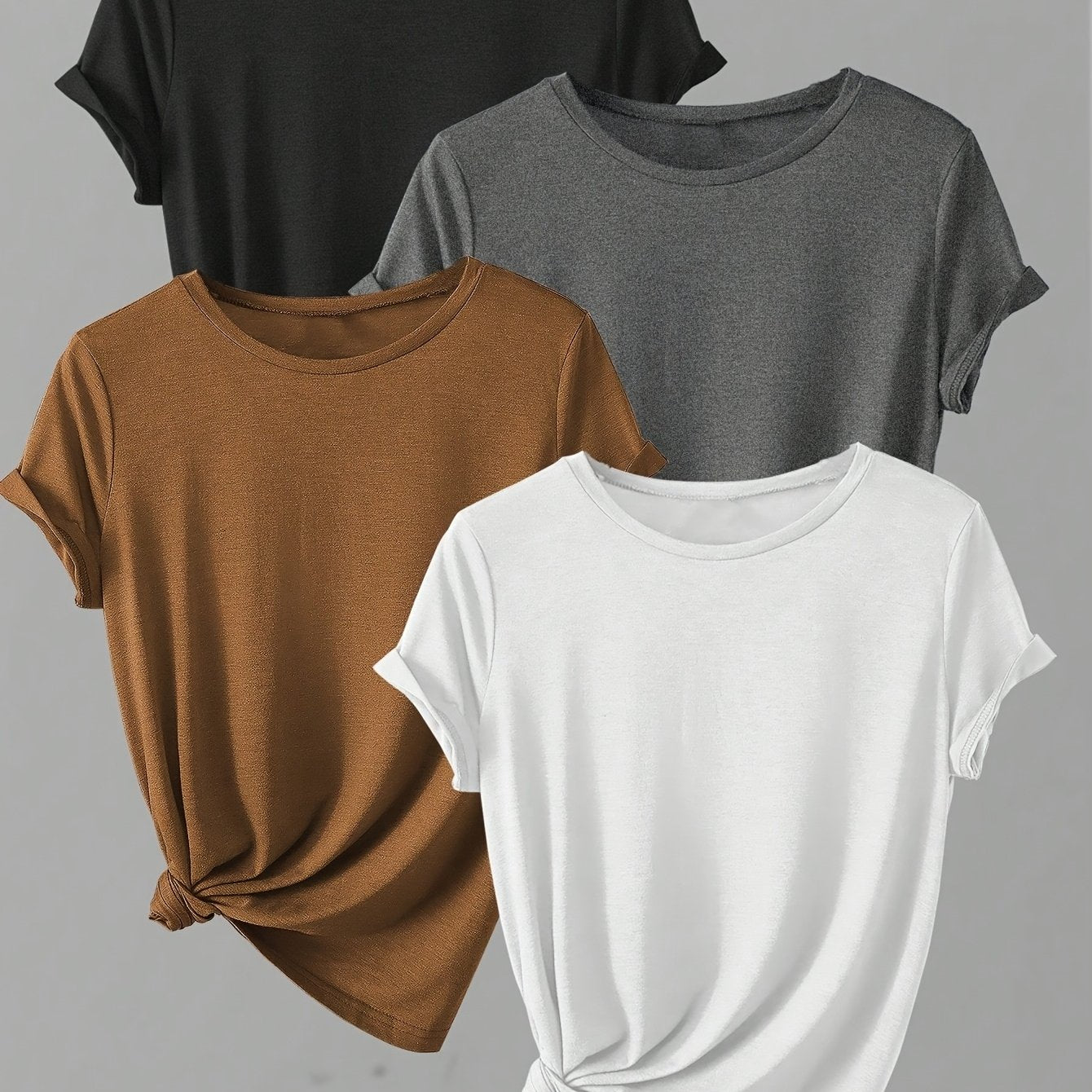 4pcs Spring & Summer Casual Crew Neck Short Sleeve Solid T-Shirt - Women's Clothing