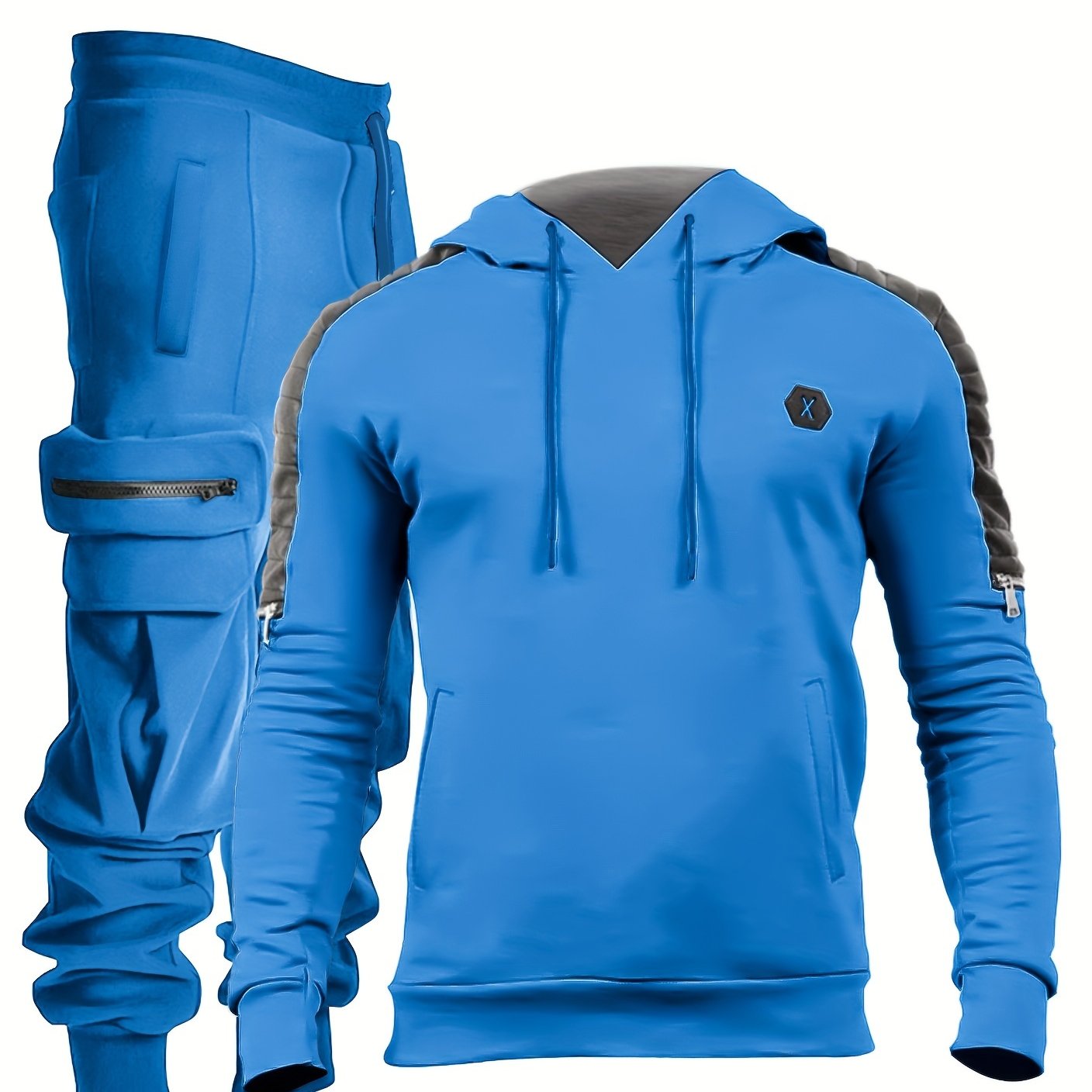 Men's Casual 2pcs Set - High Stretch Sports Hoodie & Multi Pocket Joggers Matching Set For Gym Workout Training - Polyester & Spandex Blend - Suitable for Sports & Casual Wear - Perfect Gift for Fitness Enthusiasts