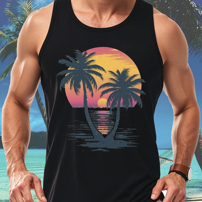 Men'S Cotton Comfy Sleeveless With Beach Palm Leaves Print, Casual Round Tank Tops for Summer, Graphic Tee Men'S Outdoor Clothes, Men'S Clothing