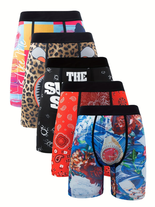 5Pcs Fashionable Print Boxer Shorts for Men - Comfortable, Soft, Breathable, Stylish Underwear with Vibrant Colors and Patterns