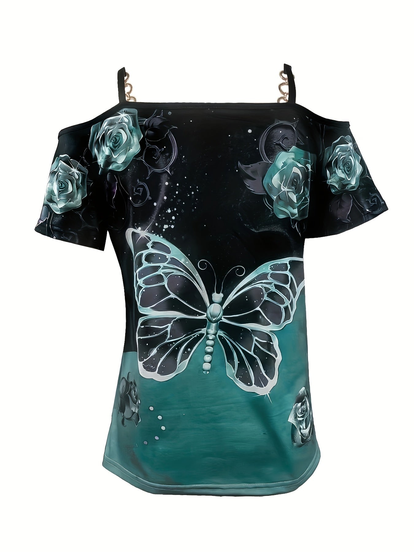 [Summer Perfect Cold-Shoulder Top] Chic Butterfly Print Cold-Shoulder Top - V-Neck, Stretchy Polyester Blend, Machine Washable - Perfect for Summer