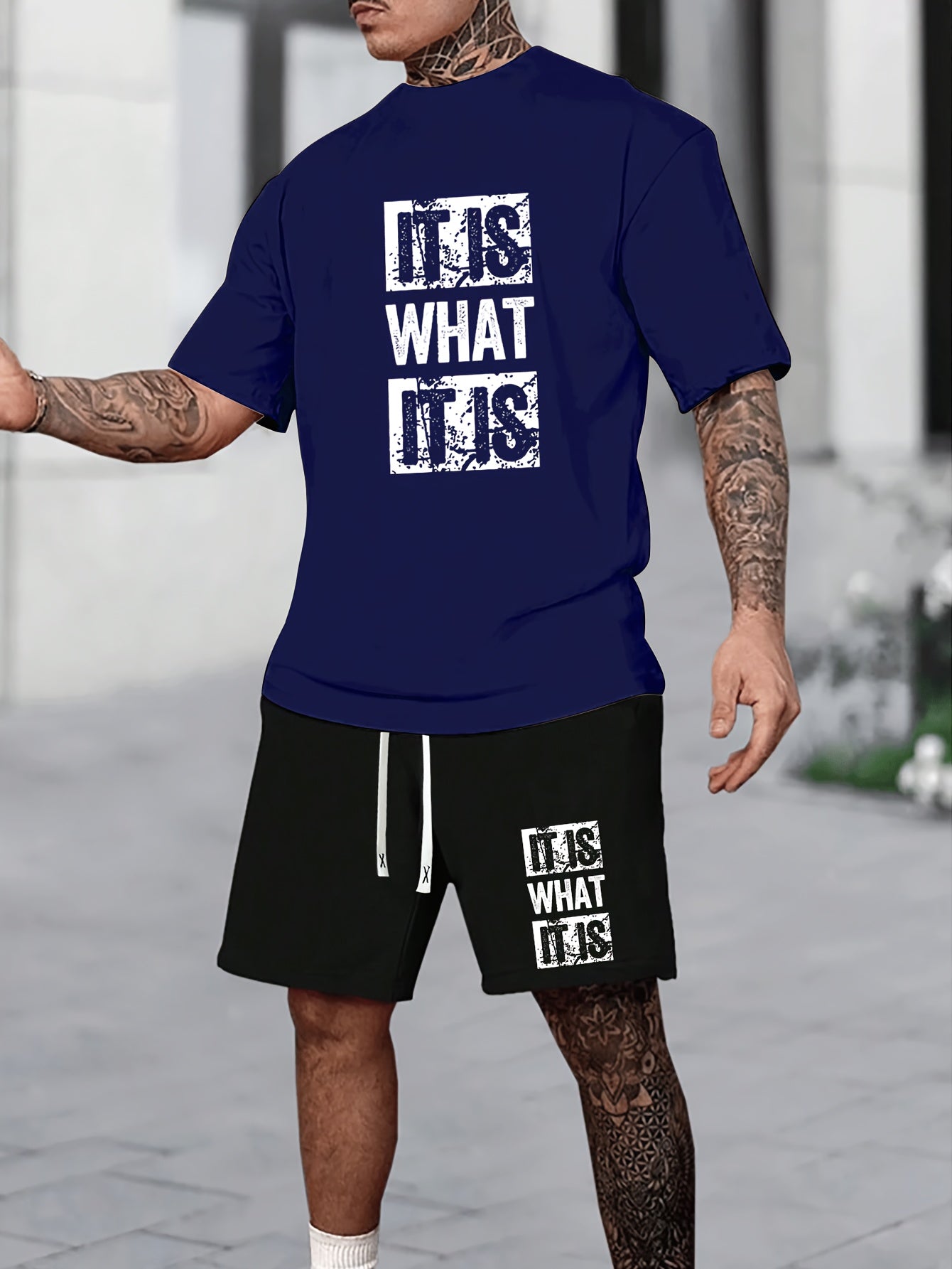 Summer Sportswear Set for Men - Vibrant Orange "IT IS WHAT IT IS" T-Shirt & Black Drawstring Shorts, Polyester Blend, Machine Washable